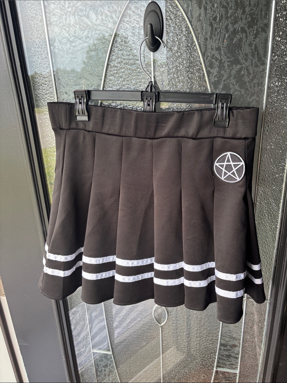 Black Pleated Skater Mini Skirt with White Stripe Detail